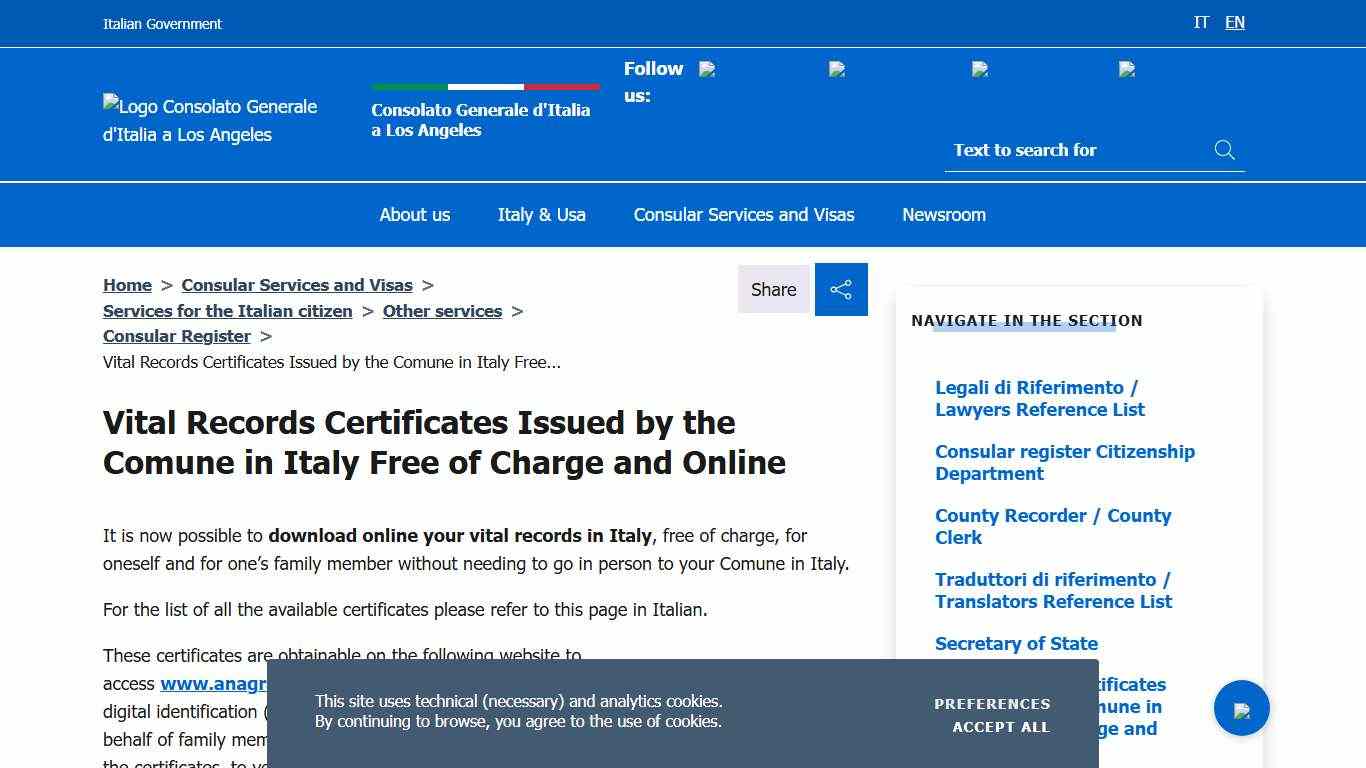 Vital Records Certificates Issued by the Comune in Italy Free of Charge and Online – Consolato Generale d'Italia a Los Angeles